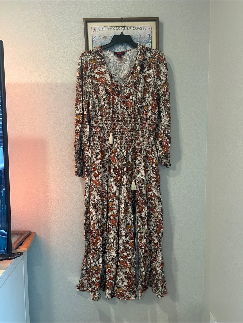 Boho Floral Long Sleeve Maxi Dress in Rust and Cream